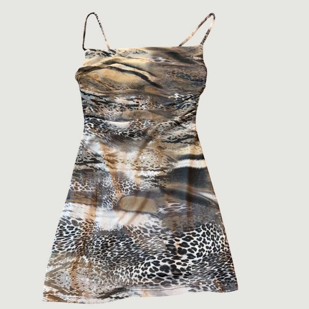 Animal Print Mini Dress Size S Mesh Bodycon Ruched Brown Y2K Style